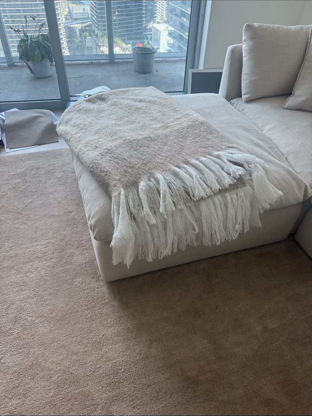 CB2 Plush Ombre Fringe Throw Blanket - Cream and Beige